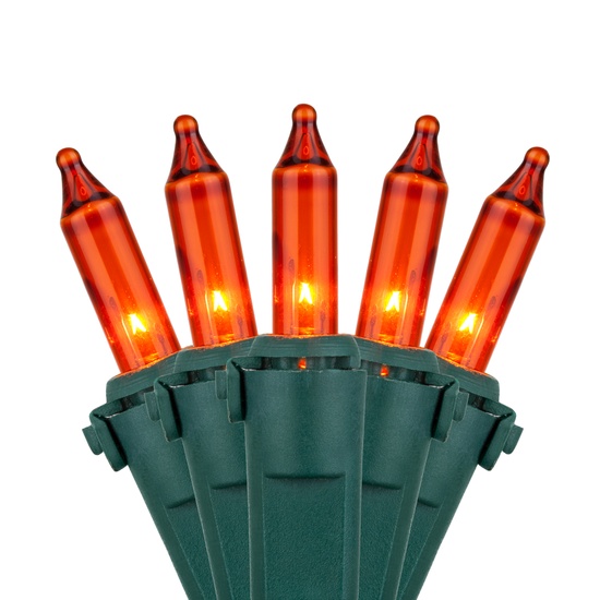 50 Amber / Orange Christmas Lights, 4" Spacing, Premium, Green Wire