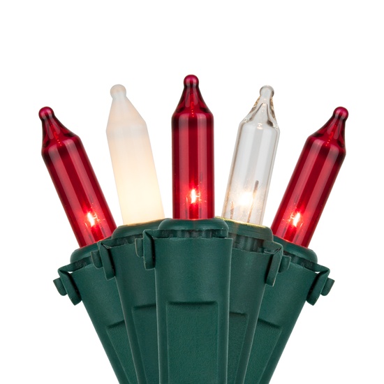 50 Red, Clear, White Frost Mini Christmas Lights, 6" Spacing, Premium, Green Wire