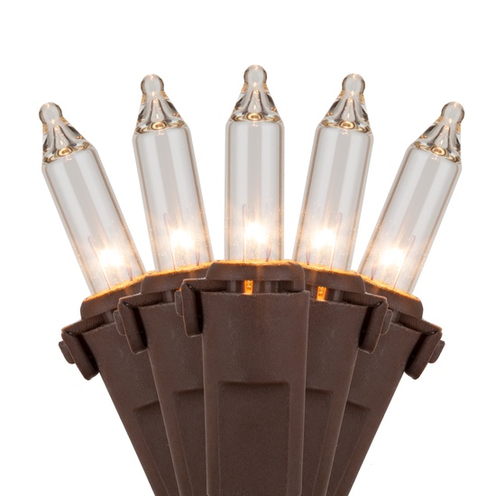 50 Clear Mini Christmas Lights, 6" Spacing, Premium, Brown Wire