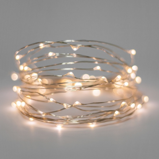 60 Warm White Battery Operated LED Fairy Lights, Silver Wire