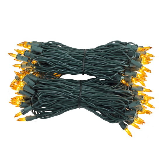 100 Yellow Mini Christmas Lights, 6" Spacing, Premium, Green Wire