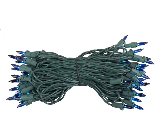 50 Blue Mini Christmas Lights, 6" Spacing, Premium, Green Wire