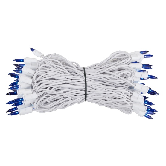 50 Blue Mini Christmas Lights, 6" Spacing, Premium, White Wire