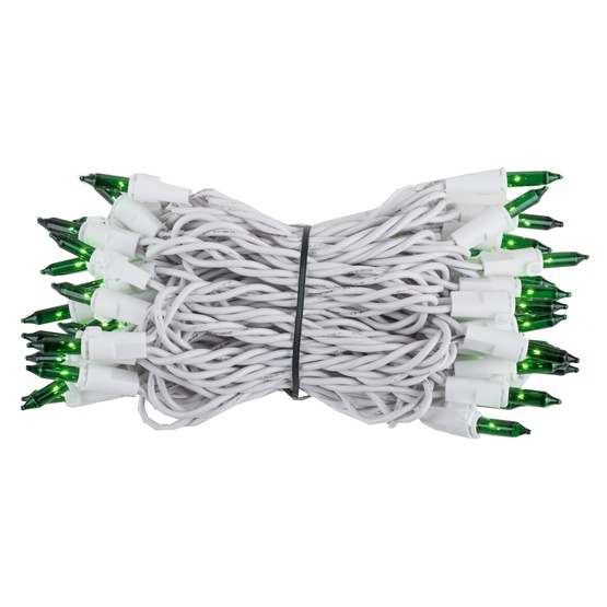 50 Green Mini Christmas Lights, 4" Spacing, Premium, White Wire