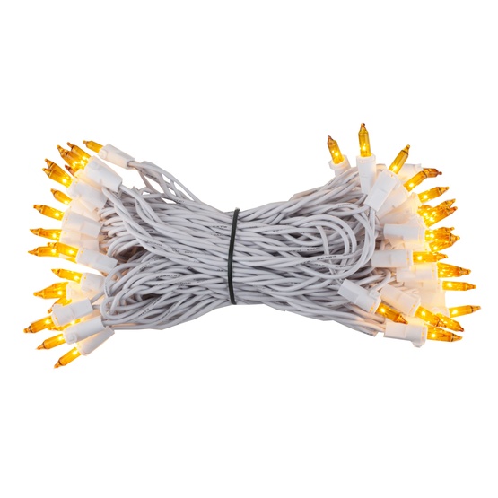 50 Yellow Mini Christmas Lights, 6" Spacing, Premium, White Wire