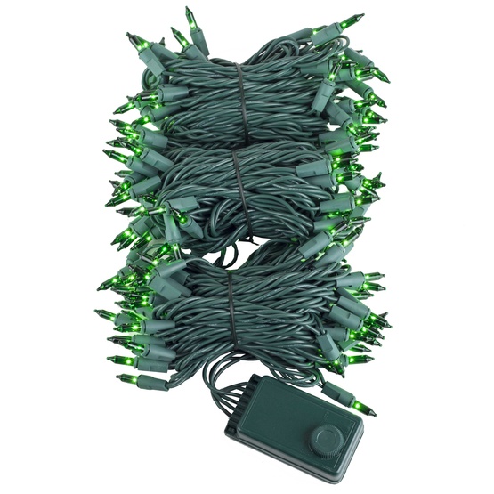140 Green Chasing Mini Lights, 4" Spacing, Green Wire