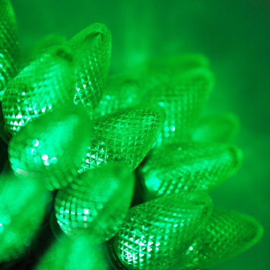 25 C7 Green LED Christmas Lights, 8" Spacing