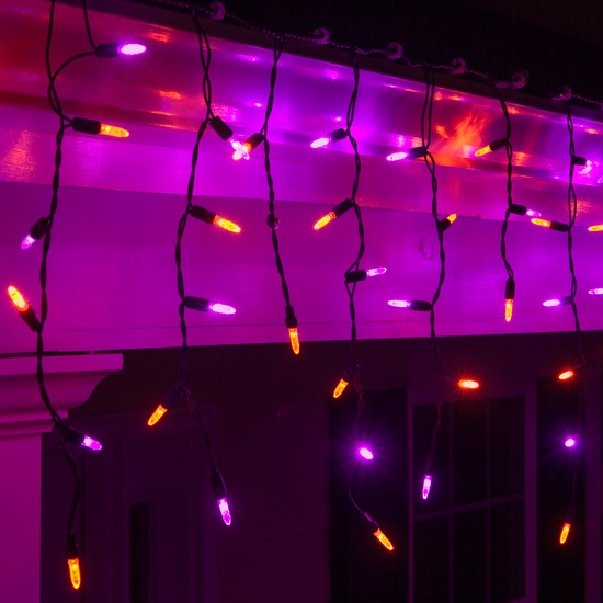 70 M5 Purple, Orange Halloween LED Icicle Lights Black Wire
