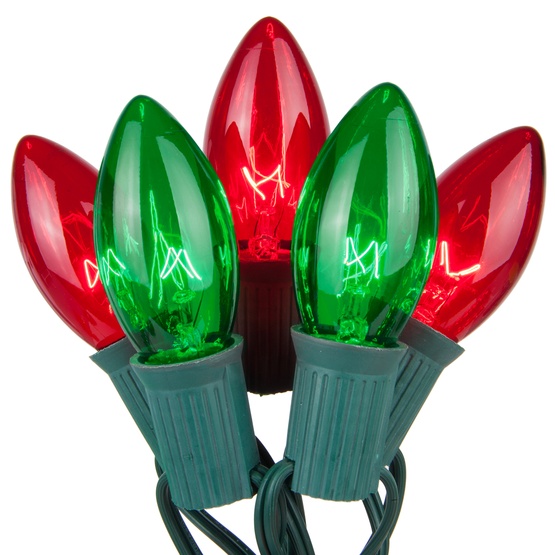 C9 Red / Green Commercial Christmas String Lights, 50 Lights, 50'