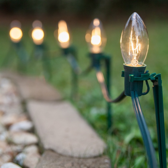 C9 Clear Christmas Pathway Lights, 100 Lights, 7.5 inch Stakes, 100'