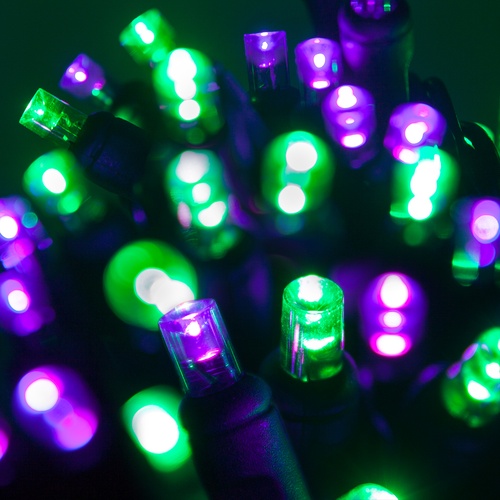 70 5mm Purple, Green LED Halloween Lights, 4" Spacing, Black Wire