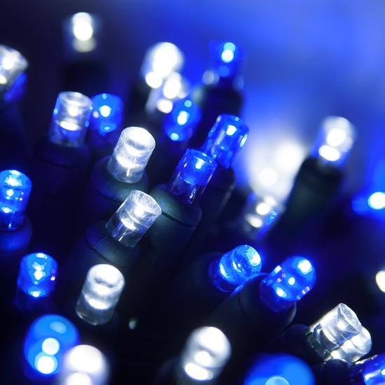 70 5mm Blue, Cool White LED Christmas Lights, 4" Spacing