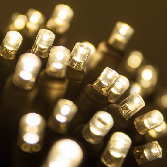 50 5mm Warm White LED Christmas Lights, 6" Spacing, Brown Wire