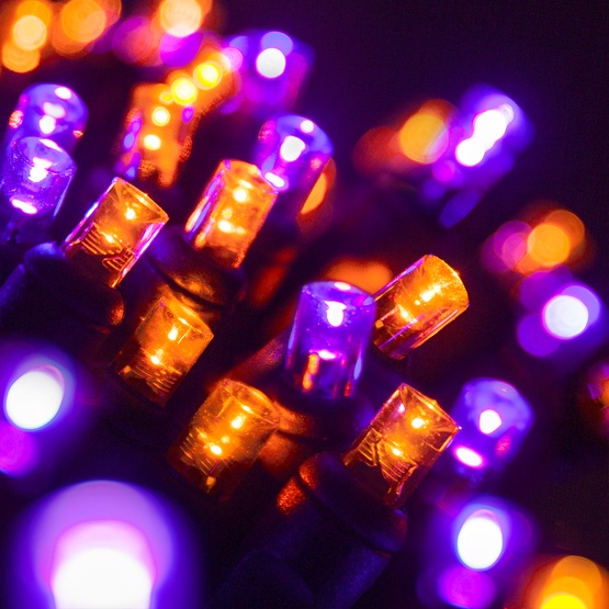 70 5mm Purple, Orange LED Halloween Lights, 4" Spacing, Black Wire