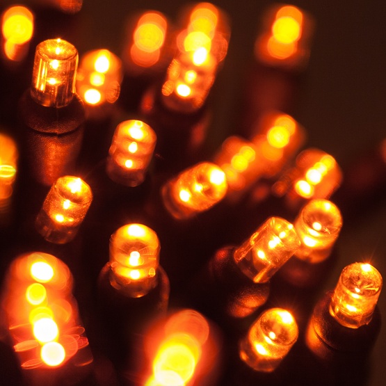 70 5mm Amber LED Halloween Lights, 4" Spacing, Black Wire