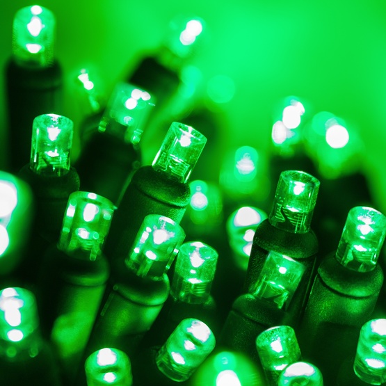 70 5mm Green LED Halloween Lights, 4" Spacing, Black Wire