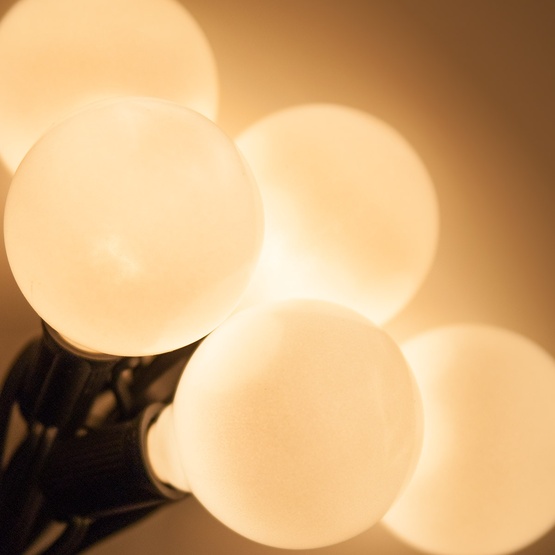 15' G50 Pearl White Satin Globe String Lights, E12 Base, Black Wire