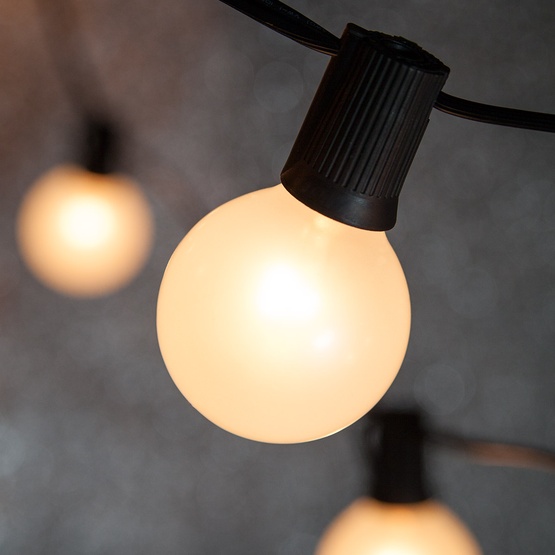 100' G50 Pearl White Satin Globe String Lights, E17 Base, Black Wire