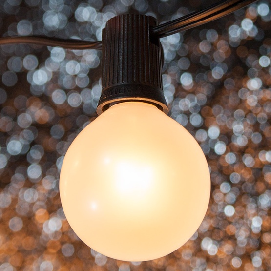 100' G50 Pearl White Satin Globe String Lights, E17 Base, Black Wire