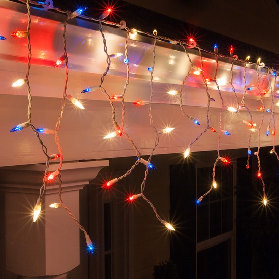 150 Red, White and Blue Icicle Lights - White Wire