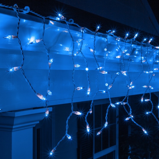 100 Blue Icicle Lights, White Wire 