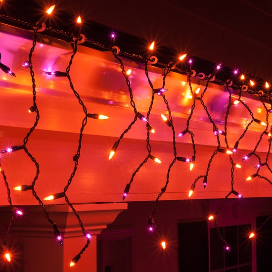 150 Purple / Orange Halloween Icicle Lights - Black Wire
