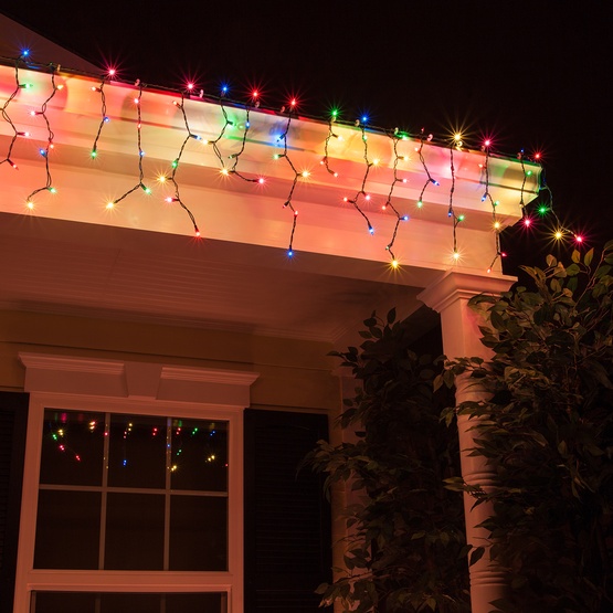 100 Multi (Red, Green, Pink, Blue, Yellow) Icicle Lights, Green Wire, Short Drops