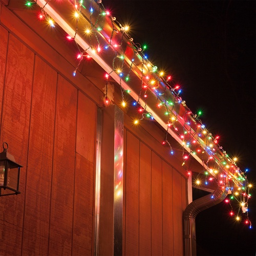 100 Multi (Red, Green, Pink, Blue, Yellow) Icicle Lights, Green Wire, Short Drops