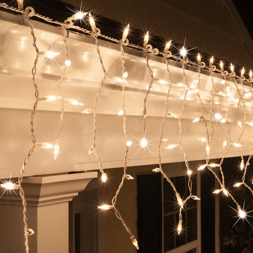 150 Clear Twinkle Icicle Lights - White Wire