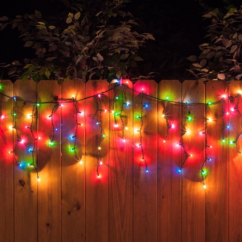 100 Multi (Red, Green, Pink, Blue, Yellow) Icicle Lights, Green Wire, Short Drops