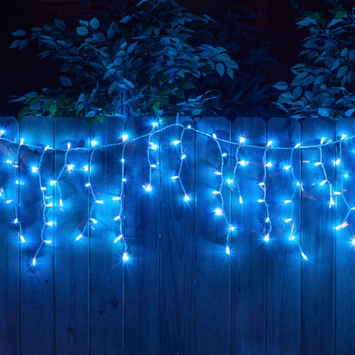 100 Blue Icicle Lights, White Wire 