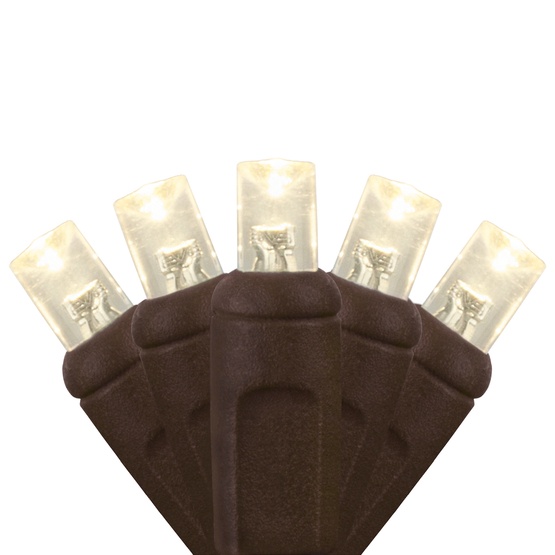 50 5mm Warm White LED Christmas Lights, 6" Spacing, Brown Wire