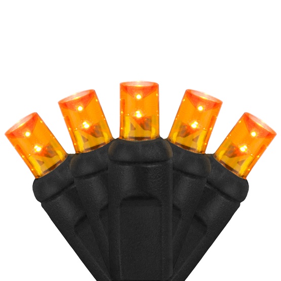 70 5mm Amber LED Halloween Lights, 4" Spacing, Black Wire