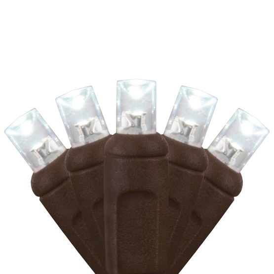 70 5mm Cool White LED Christmas Lights, 4" Spacing, Brown Wire