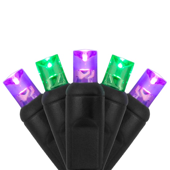 70 5mm Purple, Green LED Halloween Lights, 4" Spacing, Black Wire