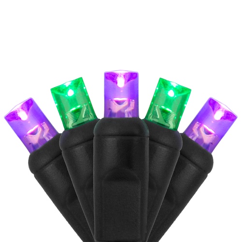 70 5mm Purple, Green LED Halloween Lights, 4" Spacing, Black Wire