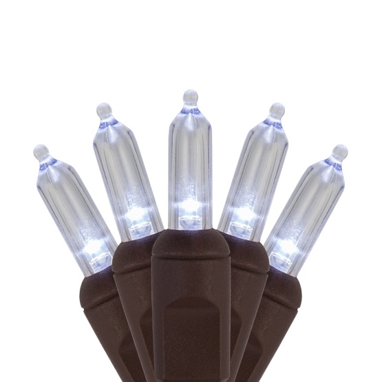 50 T5 Cool White LED Christmas Tree Lights, 6" Spacing, Brown Wire
