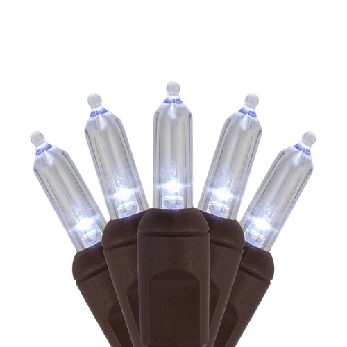 50 T5 Cool White LED Christmas Tree Lights, 6" Spacing, Brown Wire