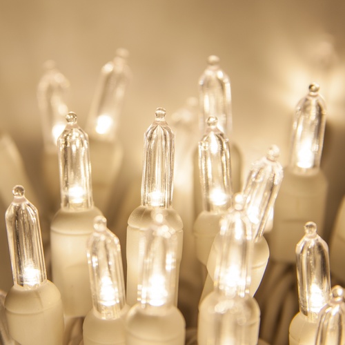 50 T5 Warm White LED Christmas Tree Lights, 4" Spacing, White Wire