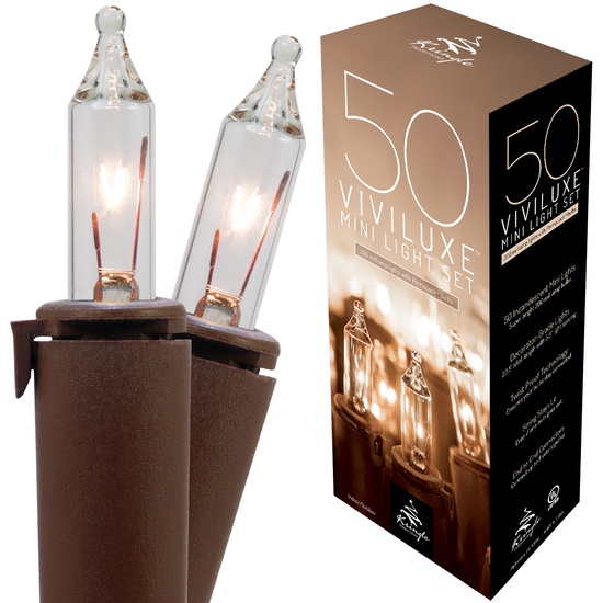 50 Viviluxe TM Clear Christmas Mini Lights, 5.5" Spacing, Brown Wire