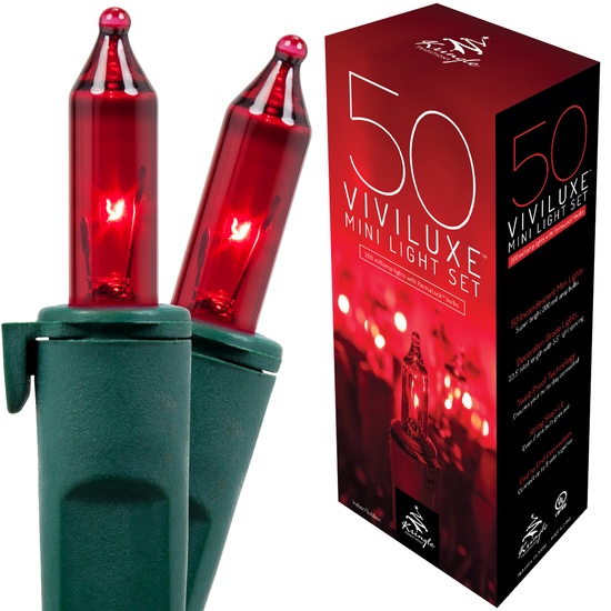 50 Viviluxe TM Red Christmas Mini Lights, 5.5" Spacing, Green Wire