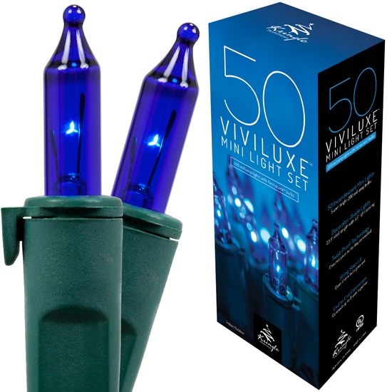 50 Viviluxe TM Blue Christmas Mini Lights, 5.5" Spacing, Green Wire