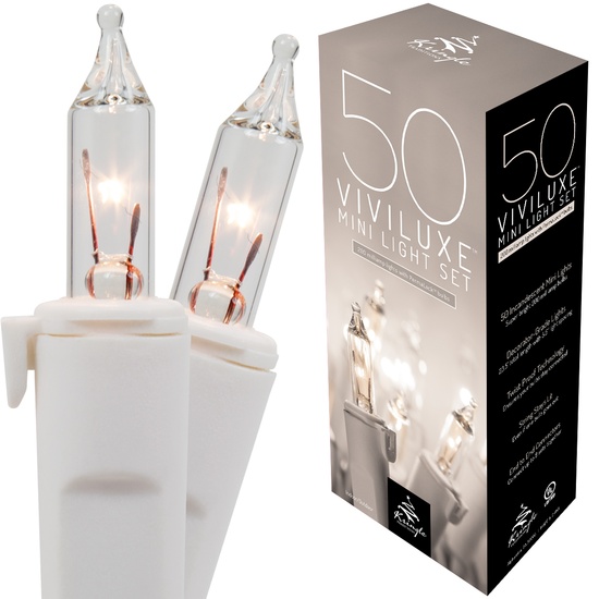 50 Viviluxe TM Clear Christmas Mini Lights, 5.5" Spacing, White Wire