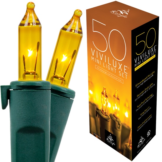 50 Viviluxe TM Gold Christmas Mini Lights, 5.5" Spacing, Green Wire