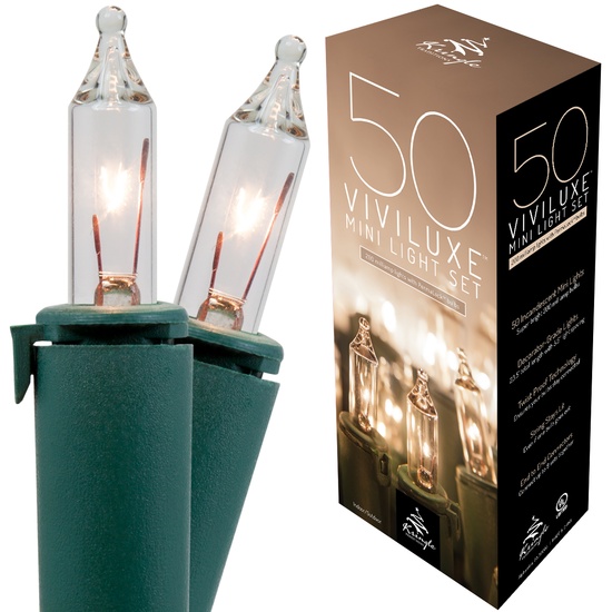 50 Viviluxe TM Clear Christmas Mini Lights, 5.5" Spacing, Green Wire