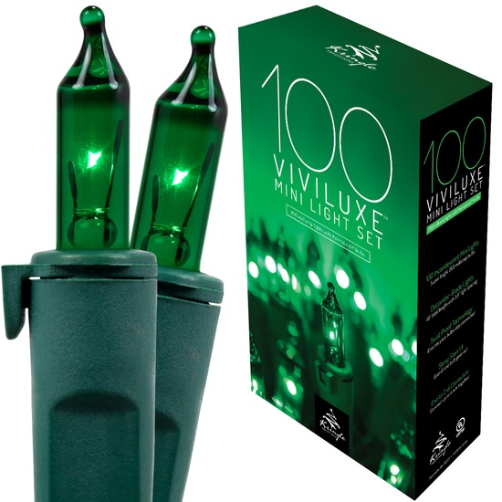 100 Viviluxe TM Green Christmas Mini Lights, 5.5" Spacing, Green Wire