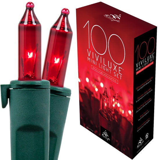 100 Viviluxe TM Red Christmas Mini Lights, 5.5" Spacing, Green Wire