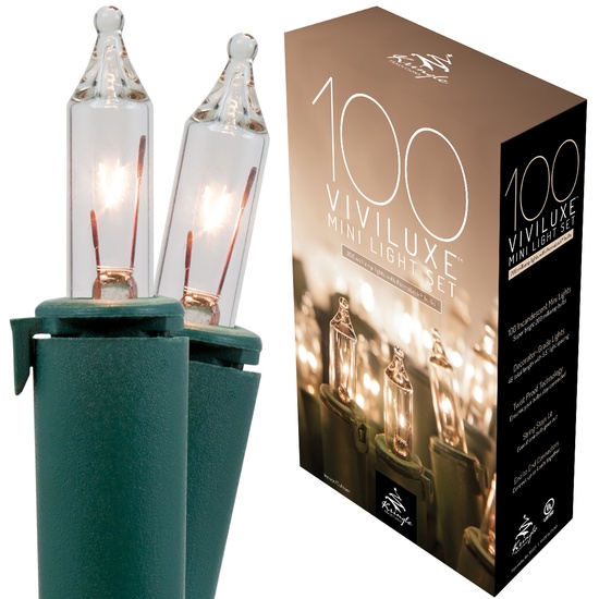100 Viviluxe TM Clear Christmas Mini Lights, 5.5" Spacing, Green Wire