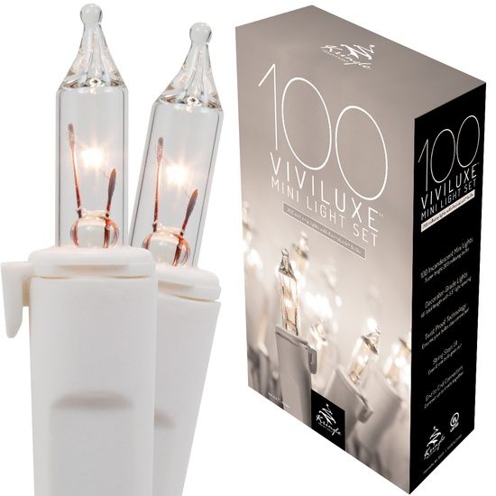 100 Viviluxe TM Clear Christmas Mini Lights, 5.5" Spacing, White Wire