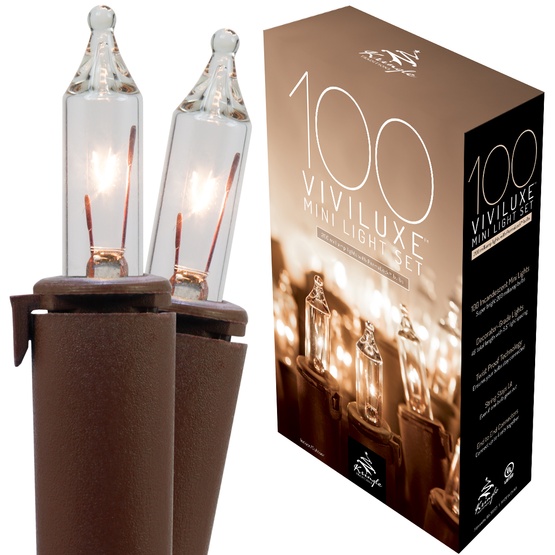 100 Viviluxe TM Clear Christmas Mini Lights, 5.5" Spacing, Brown Wire